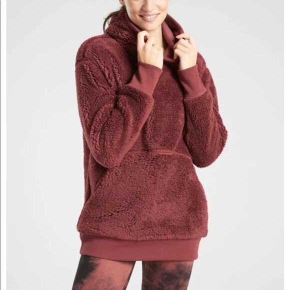 Athleta Maple Red Solstice Reversible Sherpa Crew Sweater Hoodie Size Large - Picture 5 of 5